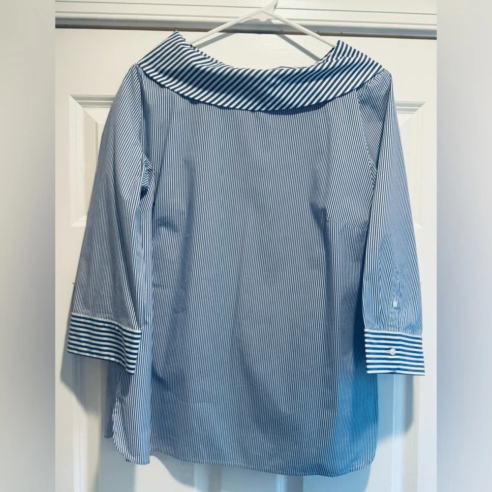 Talbots Blue and White Striped Top with Wide Collar - Picture 1 of 7